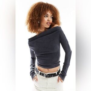 We The Free Ribbed Off Shoulder Long Sleeve Crop Top Gray Medium